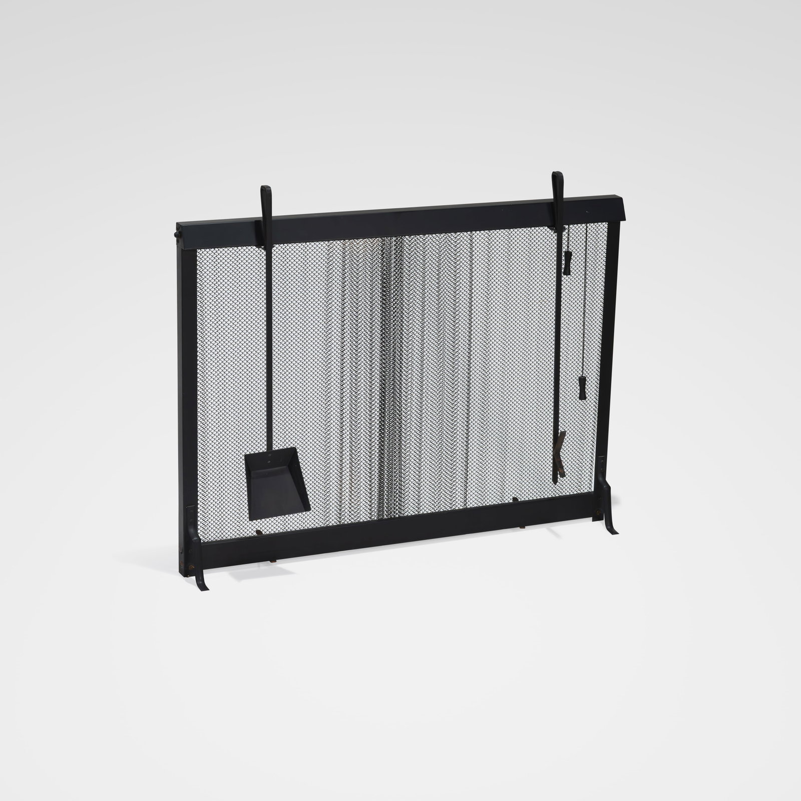 Modernist Fireplace Screen: A vintage fireplace screen with tools. All measurements are in inches. Height x Width x Depth