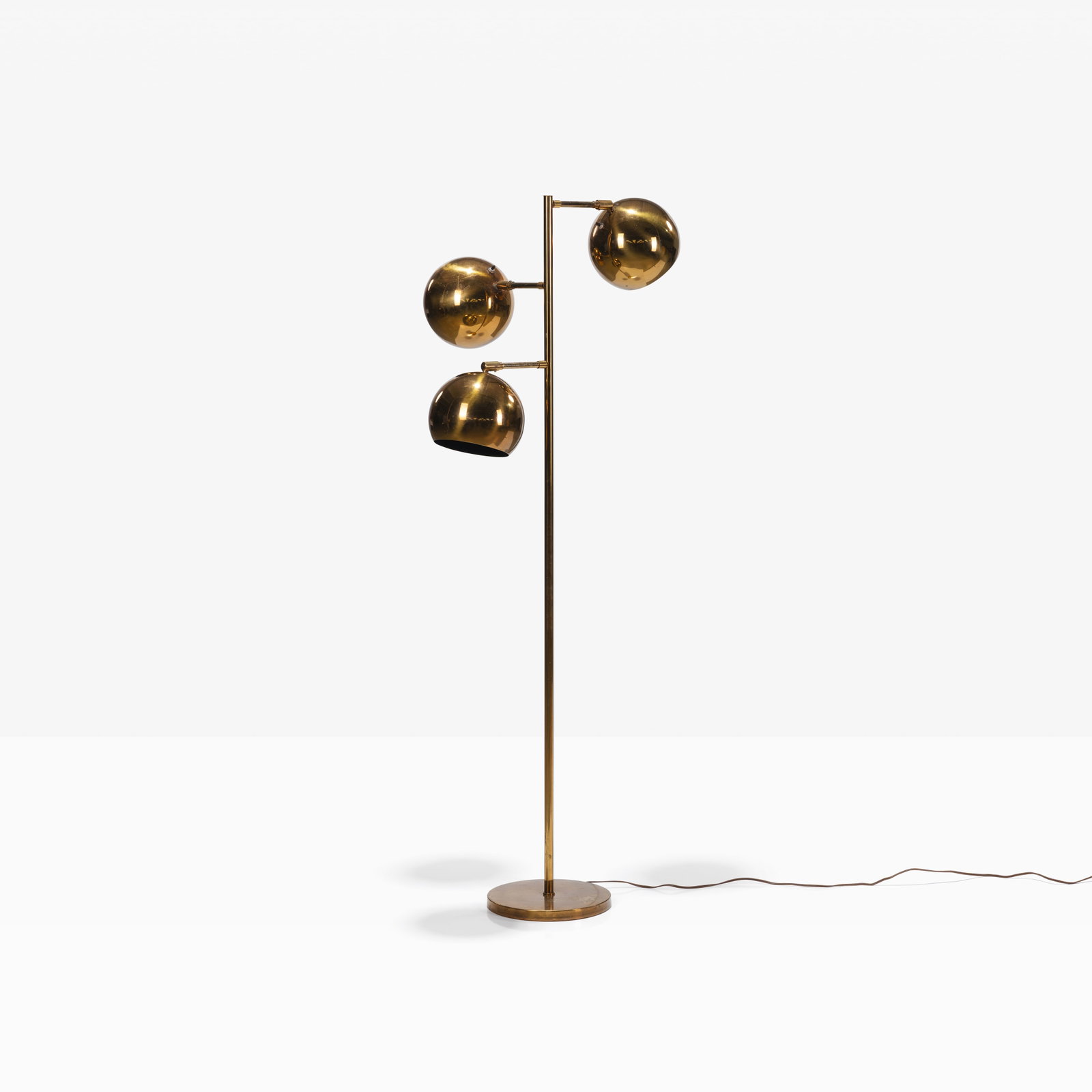 Koch + Lowy - Floor Lamp: A vintage 'eyeball' floor lamp by Koch + Lowy with brass finish. All measurements are in inches. Height x Width x Depth