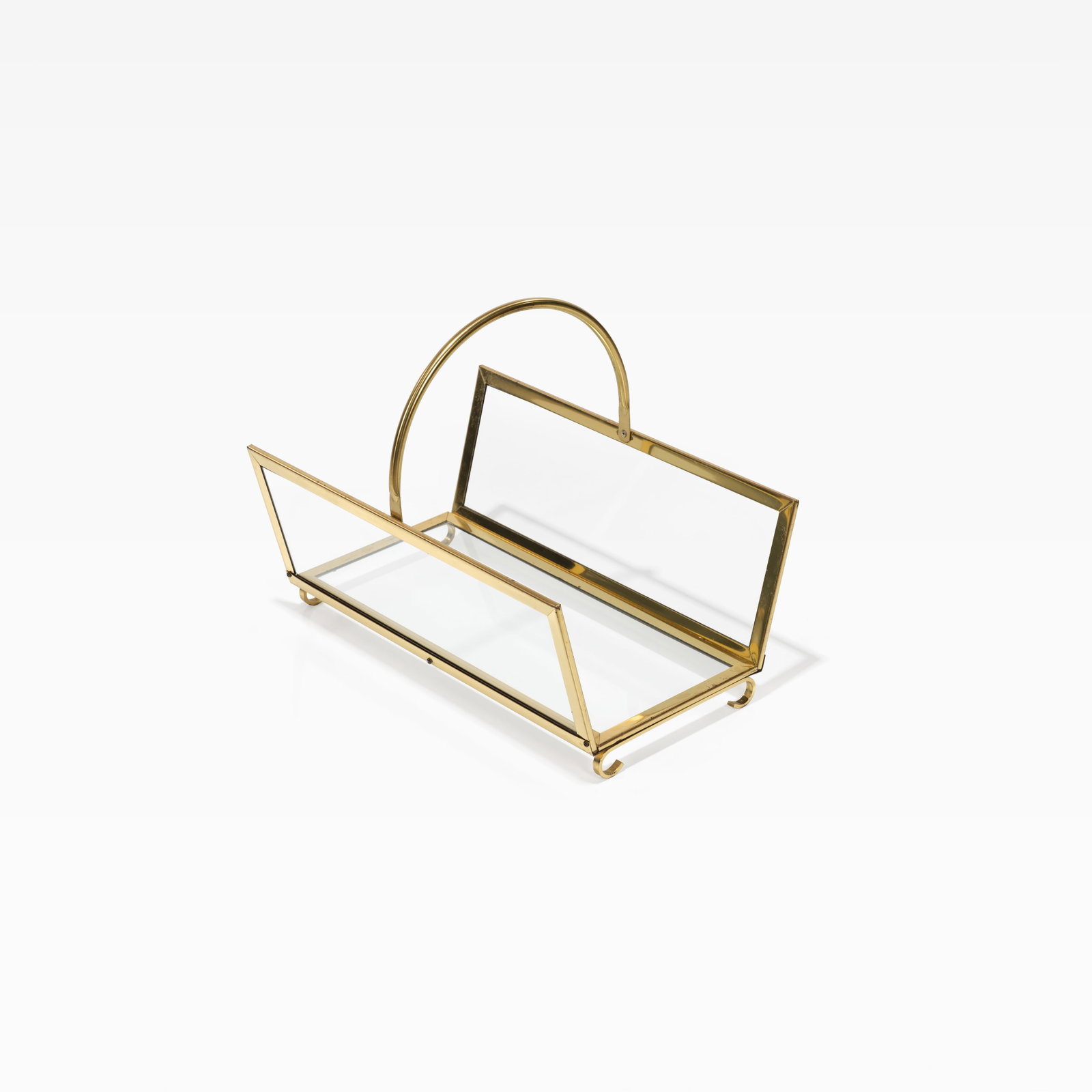 Alessandro Albrizzi (After) - Log Holder: A glass and brass log holder in the manner of Alessandro Albrizzi. All measurements are in inches. Height x Width x Depth