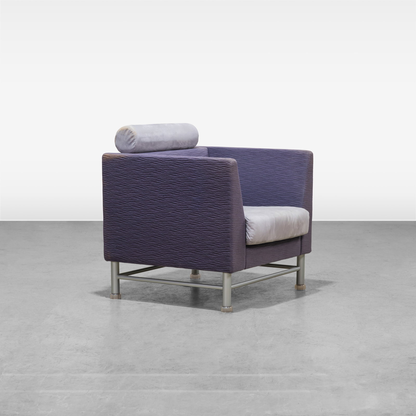 Ettore Sottsass - Club Chair: A 'Eastside' club chair by Ettore Sottsass for Knoll. All measurements are in inches. Height x Width x Depth