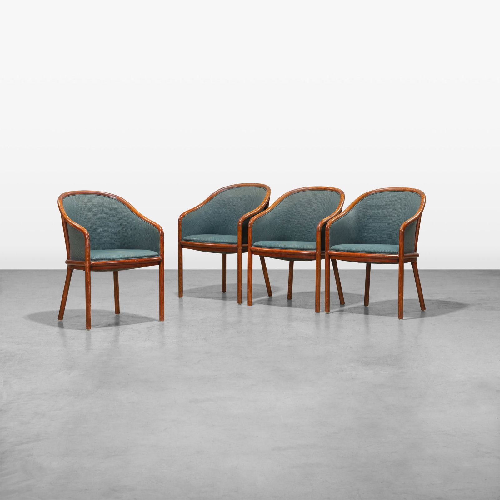 Ward Bennett - Armchairs: A set of four oak armchairs by Ward Bennett for Brickel Associates. All measurements are in inches. Height x Width x Depth