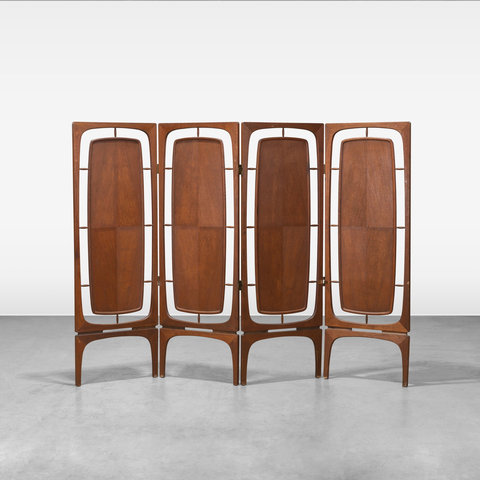 Teak Room Divider: A vintage four panel teak room divider. Dimensions listed are for each panel. All measurements are in inches. Height x Width x Depth
