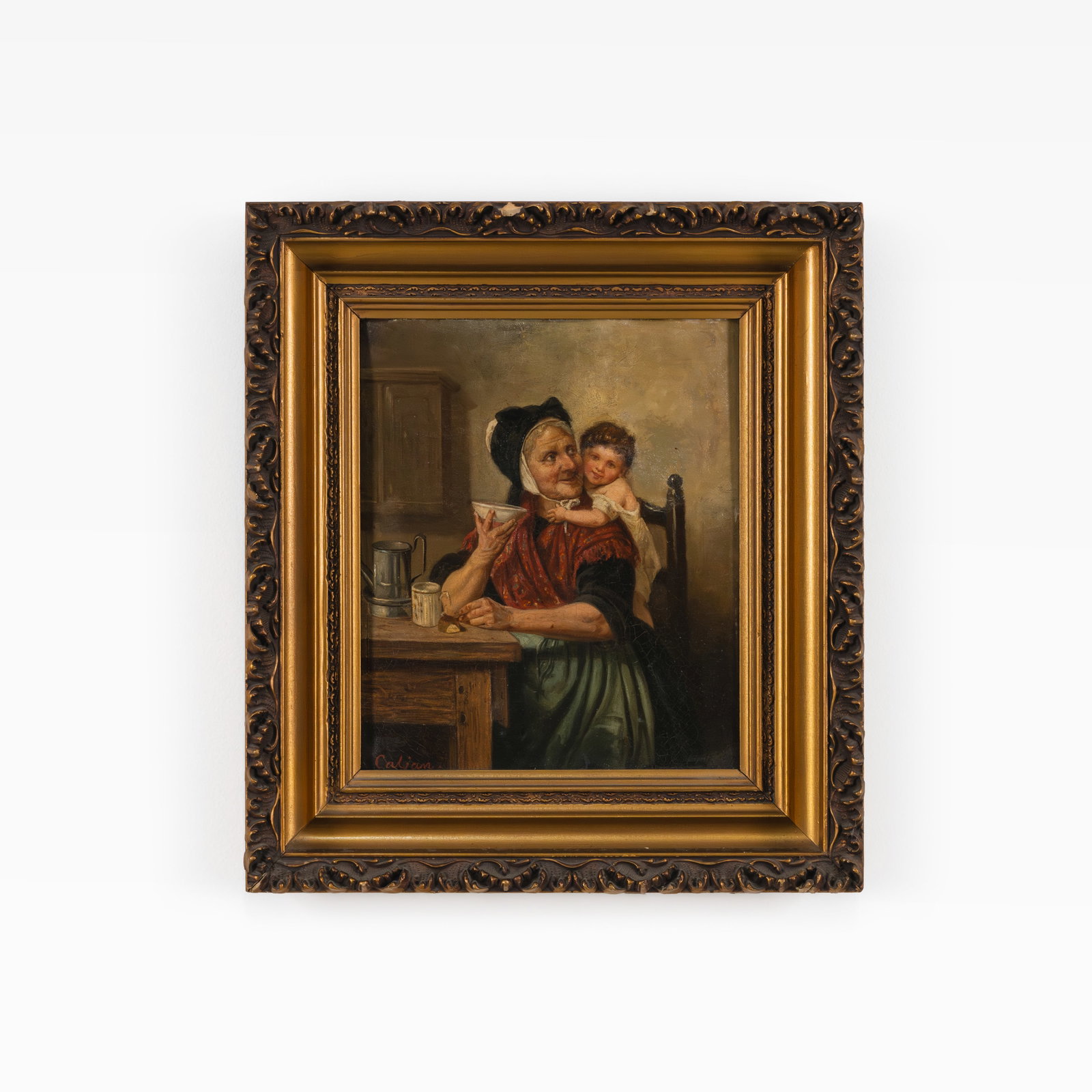 Antique Oil on Canvas: Oil on canvas of a woman and child. Signed lower left, 'Caljan'. Sight - 12.5 x 10.5. All measurements are in inches. Height x Width x Depth