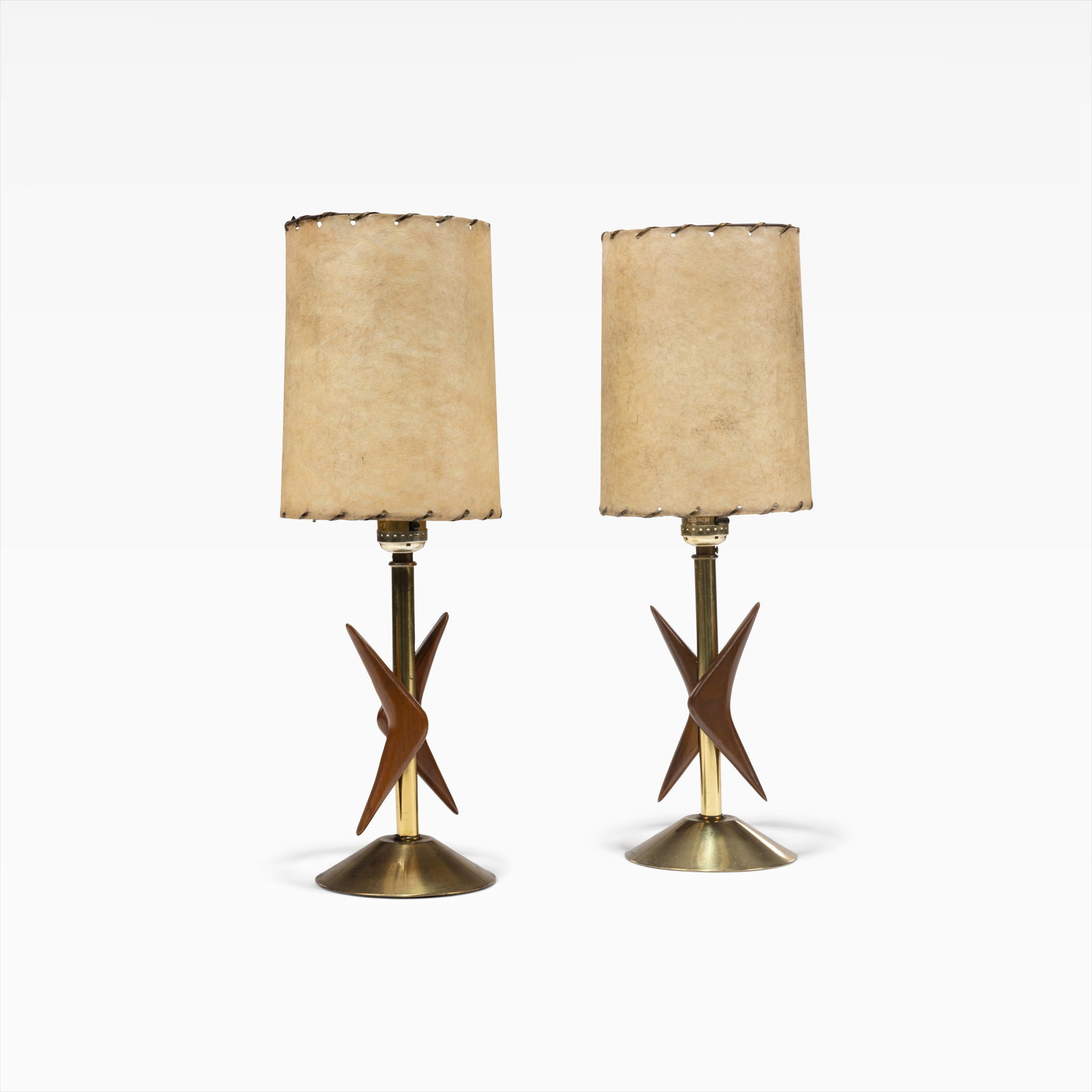 Atomic Boudoir Lamps: Walnut and brass boudoir style lamps with original shades. Dimensions include shades. All measurements are in inches. Height x Width x Depth