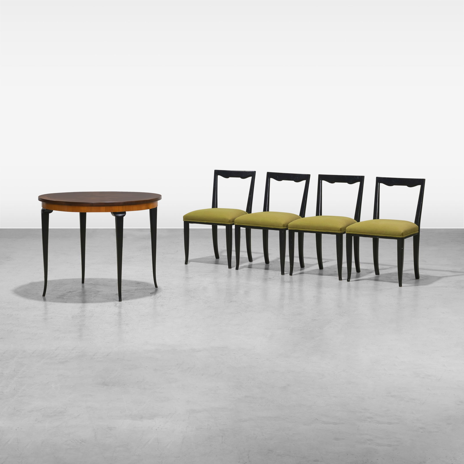 Harrod’s - Table & Chairs: Mexican modern set from Harrods, Buenos Aires, including a table and four chairs. Chair - 31.5 x 19 x 18. Table comes with a fitted glass top. All measurements are in inches. Height x Width x Depth