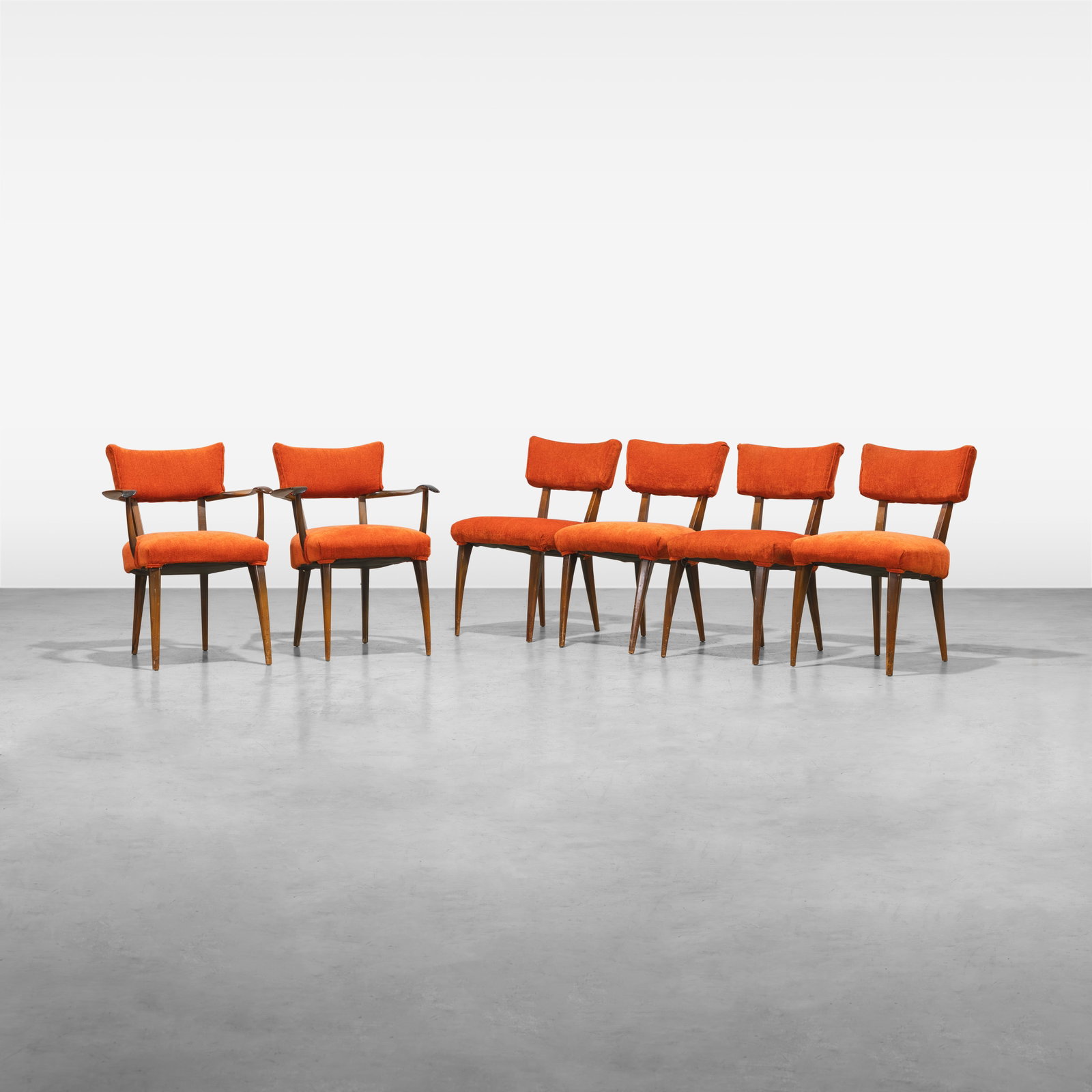 Italian Dining Chairs: A set of six Italian dining chairs including four sides, two arms. All measurements are in inches. Height x Width x Depth