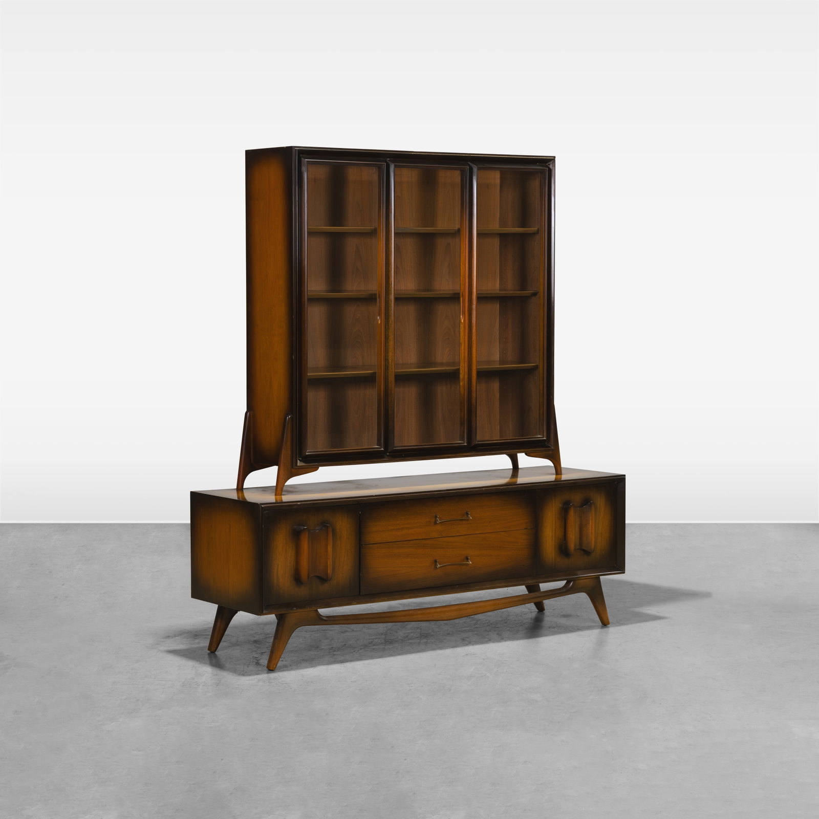 Italian China Cabinet: A vintage two part Italian china cabinet. All measurements are in inches. Height x Width x Depth