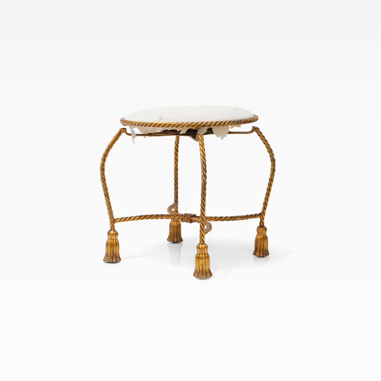 Gilt Metal Vanity Stool: A gilt metal rope tassel stool with swiveling seat. All measurements are in inches. Height x Width x Depth