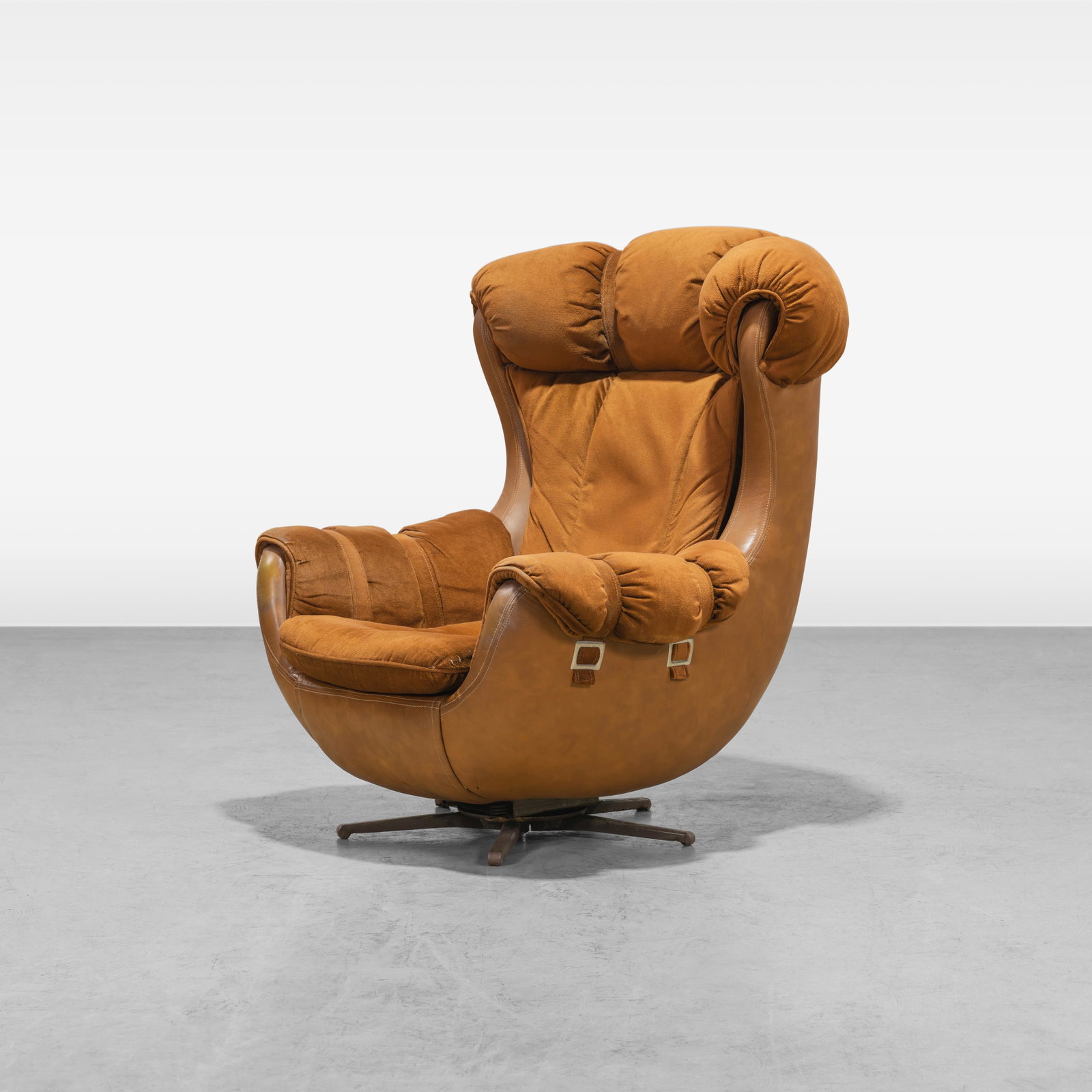 Egg Style Lounge Chair: A vintage 'Egg' style lounge chair on swiveling base. All measurements are in inches. Height x Width x Depth