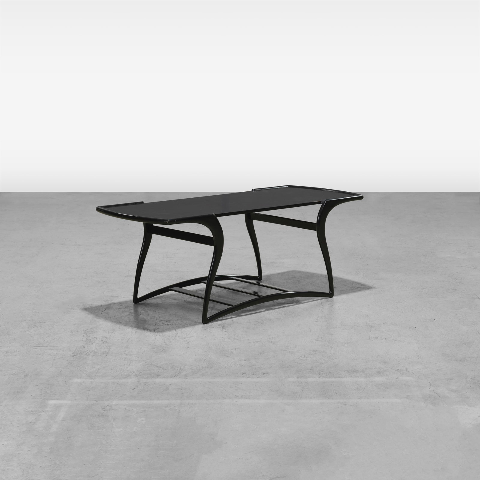 Sled Base Coffee Table: A vintage lacquered coffee table with sled base. All measurements are in inches. Height x Width x Depth