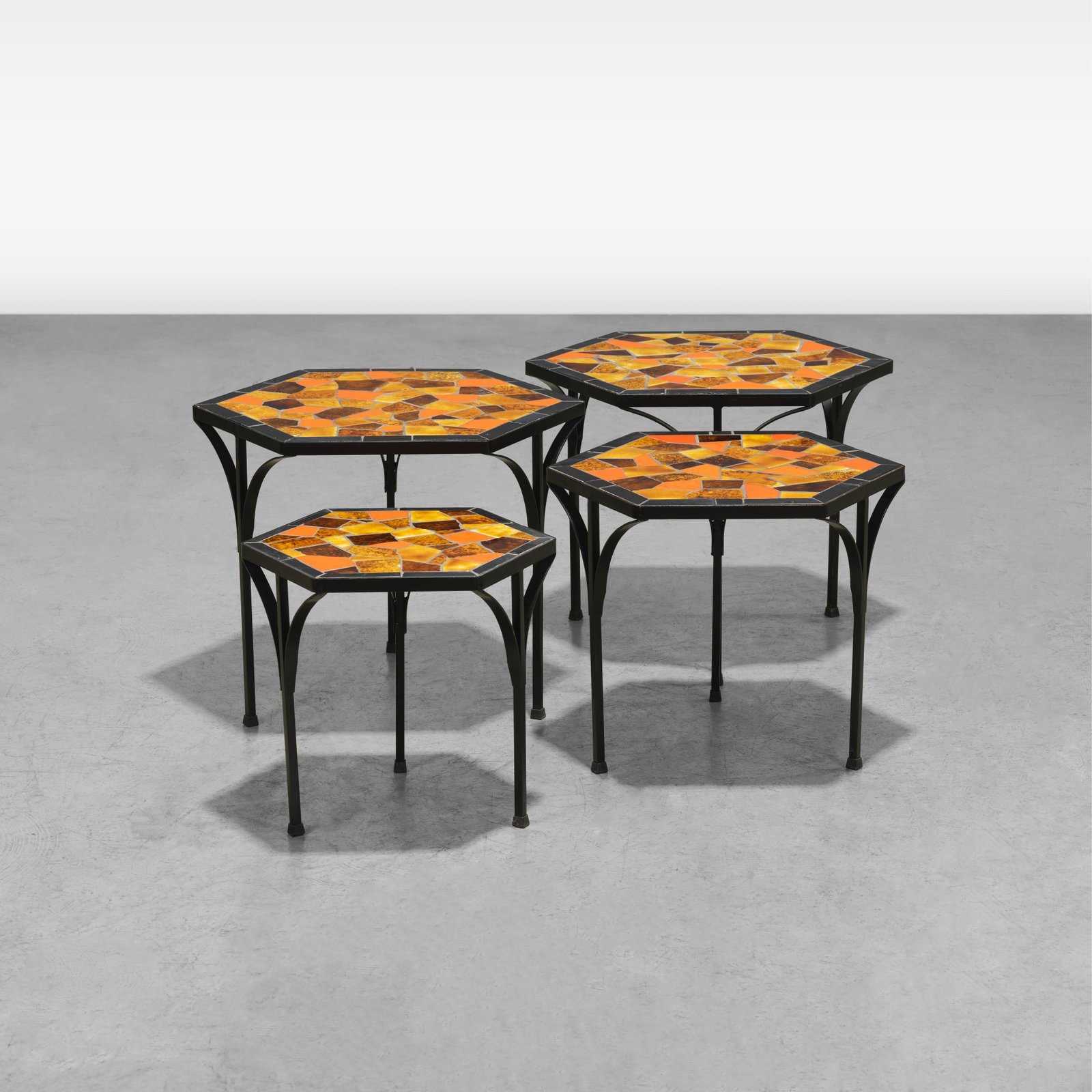 Jon Matin - Tile Table Group: A set of four tile tables in three different sizes by Jon Matin. Dimensions listed are for the largest. All measurements are in inches. Height x Width x Depth