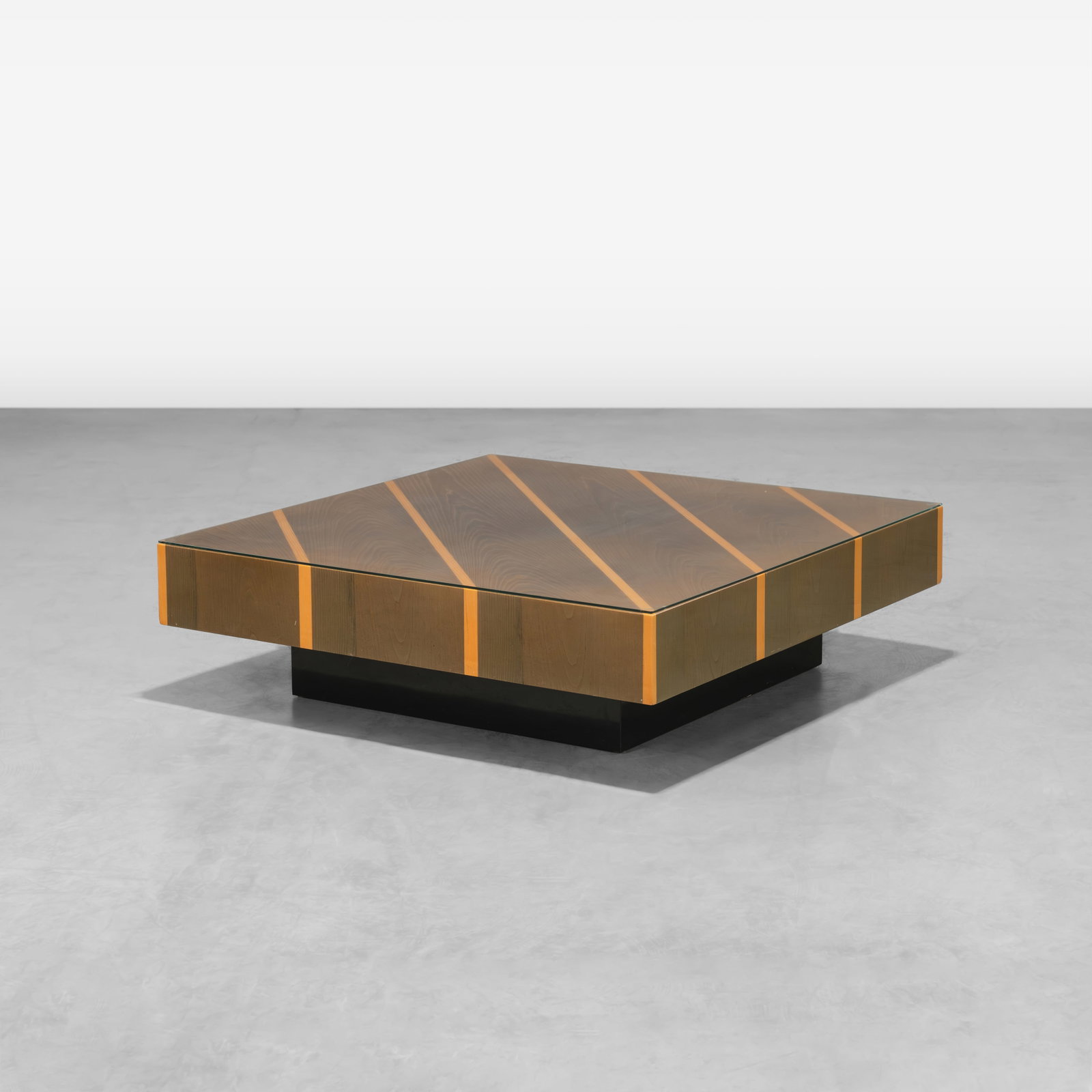 Vintage Coffee Table: A vintage coffee table on pedestal base, in the manner of Milo Baughman. All measurements are in inches. Height x Width x Depth