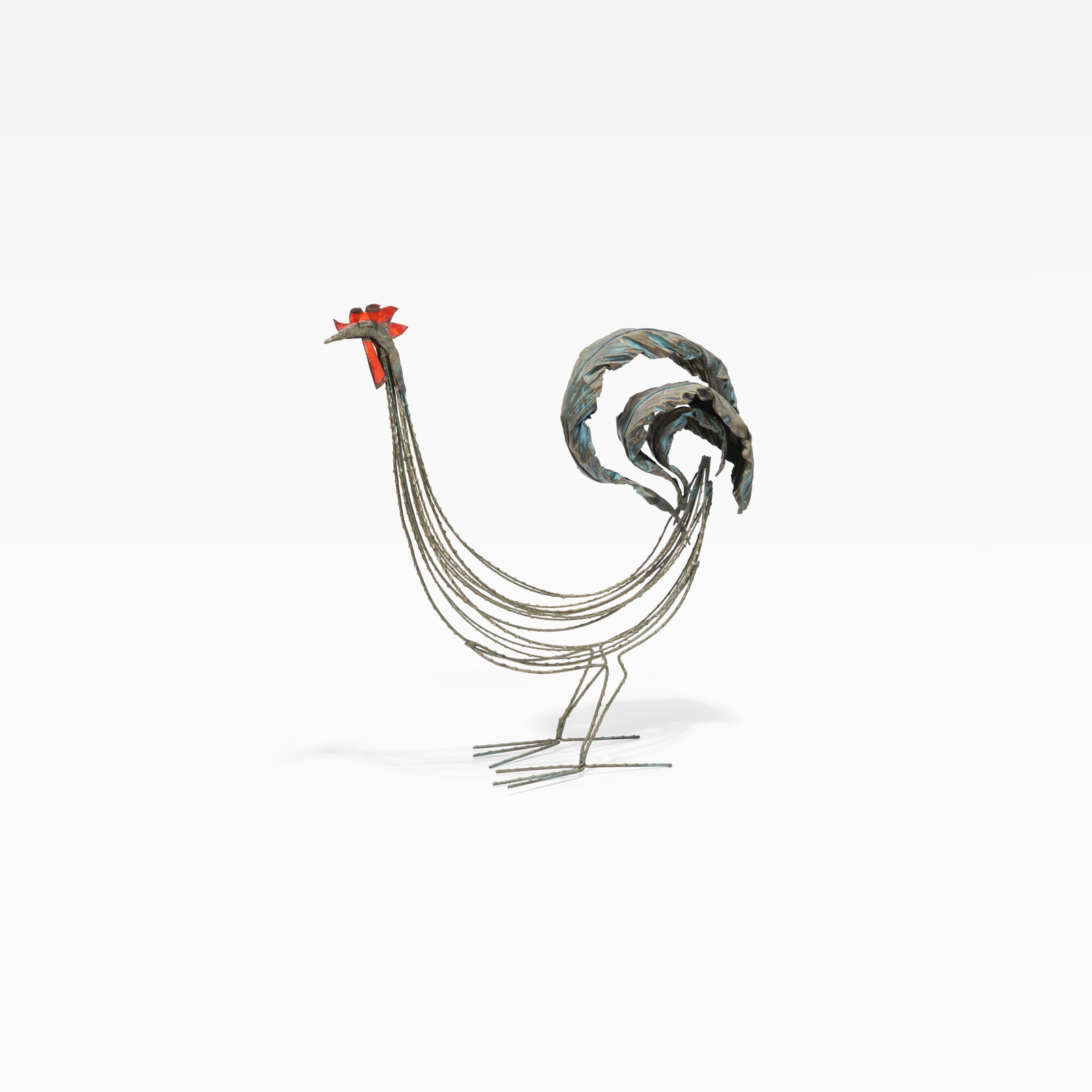 Italian Bronze Enameled Rooster: A vintage bronze rooster with enameled crest. All measurements are in inches. Height x Width x Depth