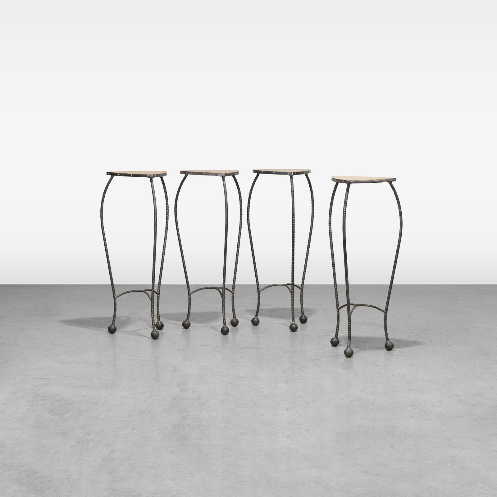 Postmodern Pedestals: A set of four rebar and wood postmodern pedestals. All measurements are in inches. Height x Width x Depth