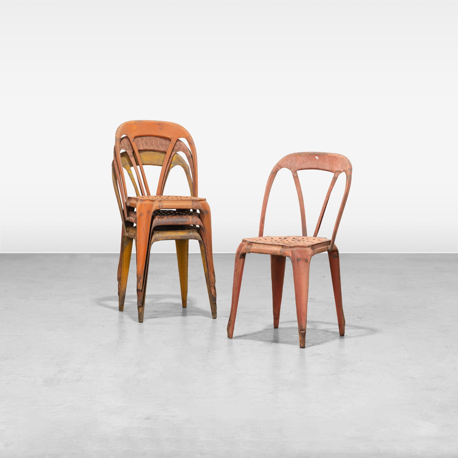 Vintage Metal Chairs: A set of four vintage stackable metal cafe chairs. All measurements are in inches. Height x Width x Depth
