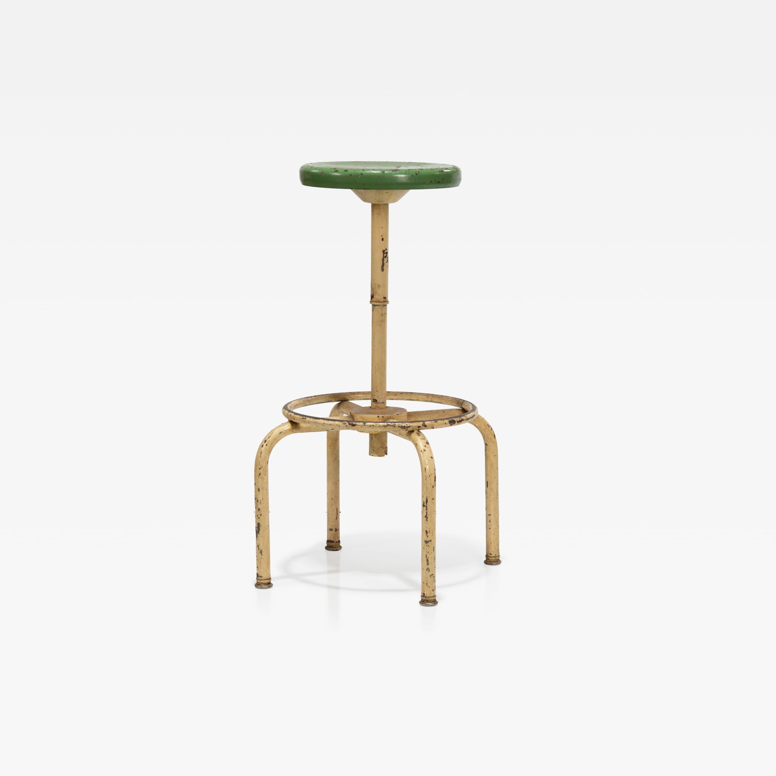 Industrial Drafting Stool: An industrial swiveling drafting stool. All measurements are in inches. Height x Width x Depth