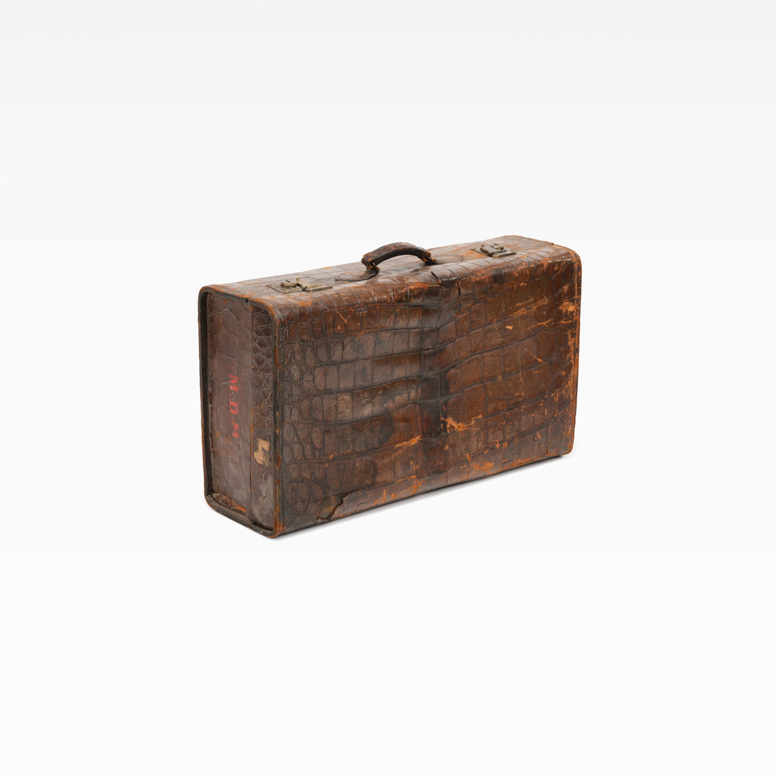 Leather Alligator Suitcase: A vintage leather suitcase. All measurements are in inches. Height x Width x Depth
