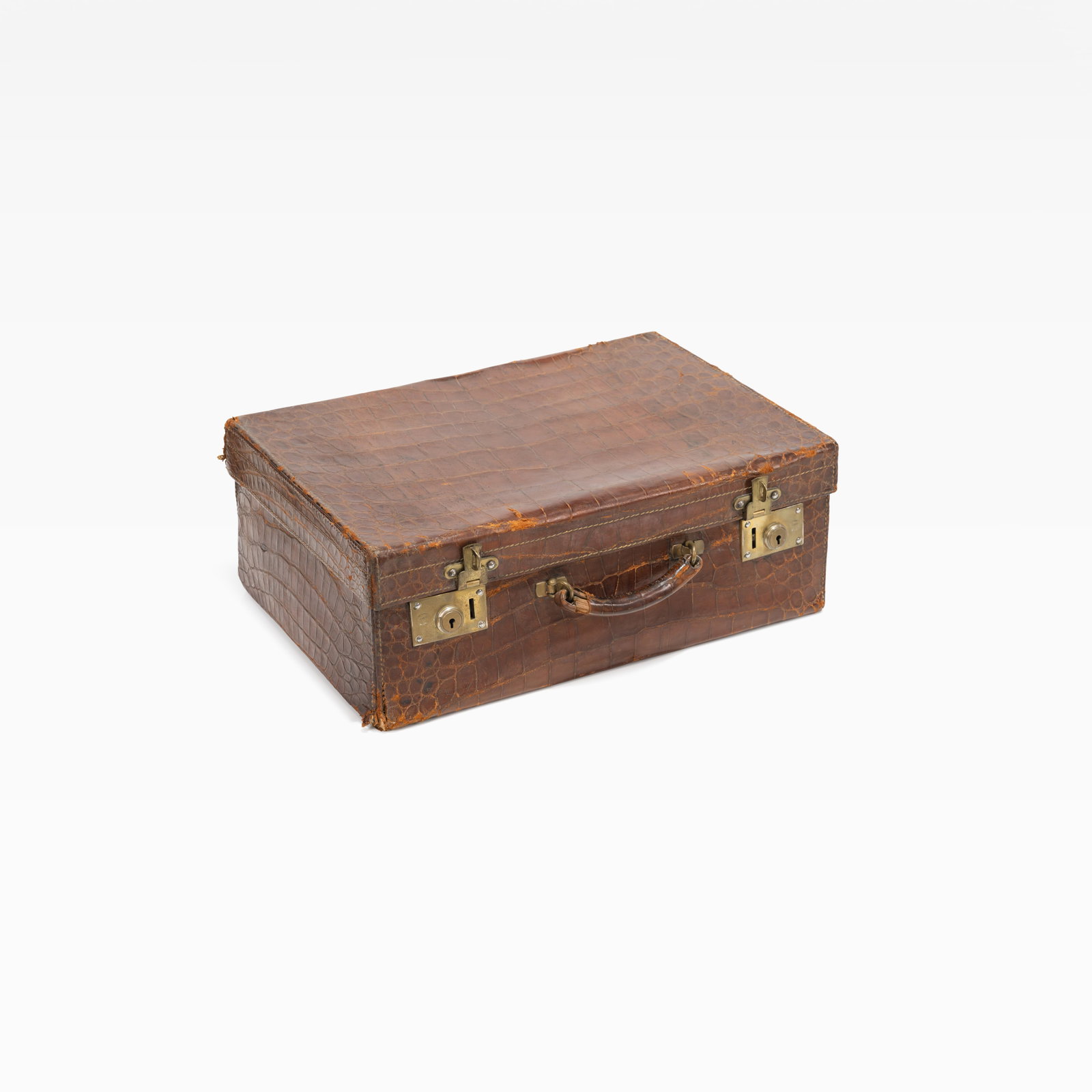 Leather Alligator Suitcase: A vintage leather suitcase. All measurements are in inches. Height x Width x Depth