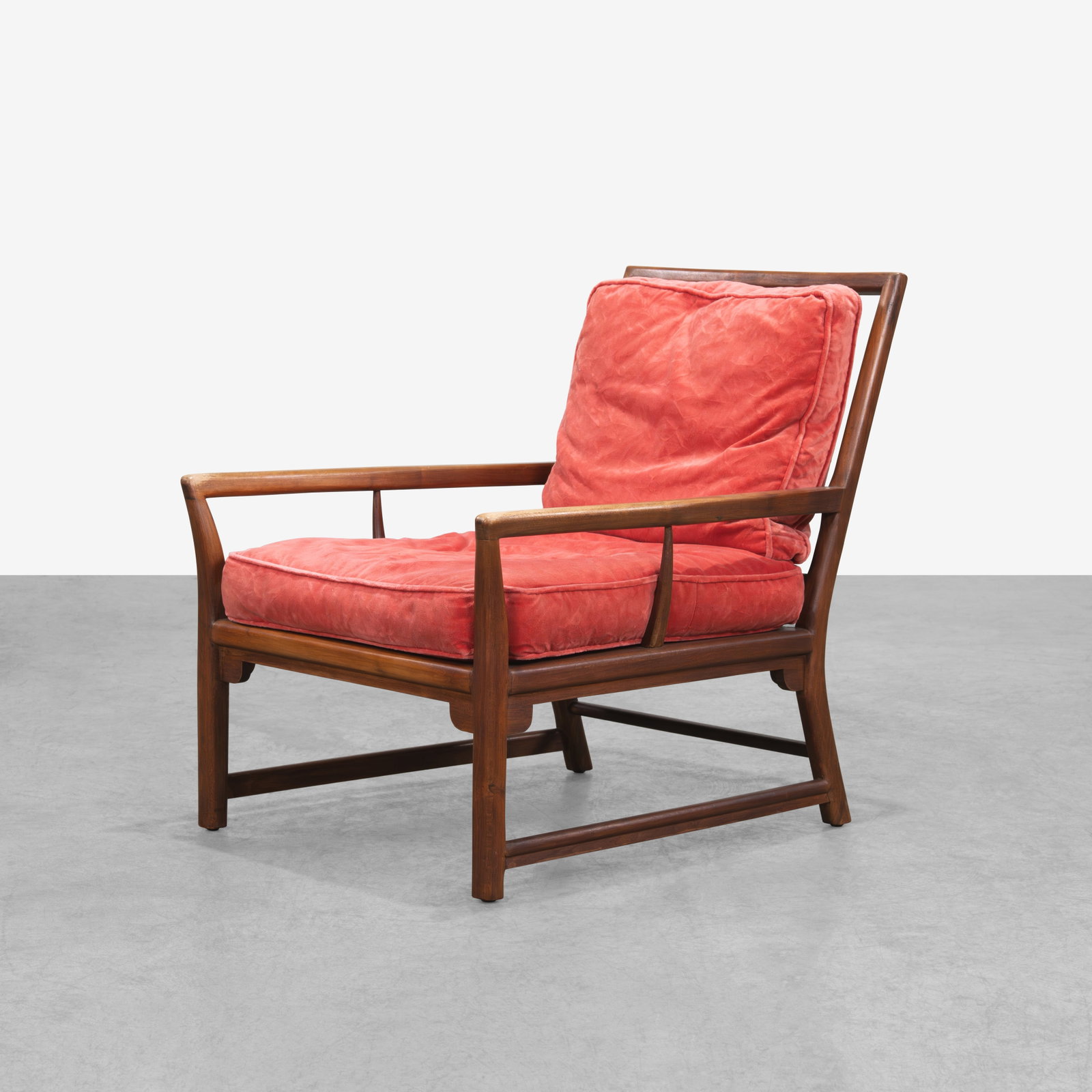 Vintage Lounge Chair: A lounge chair attributed to Baker Furniture. All measurements are in inches. Height x Width x Depth