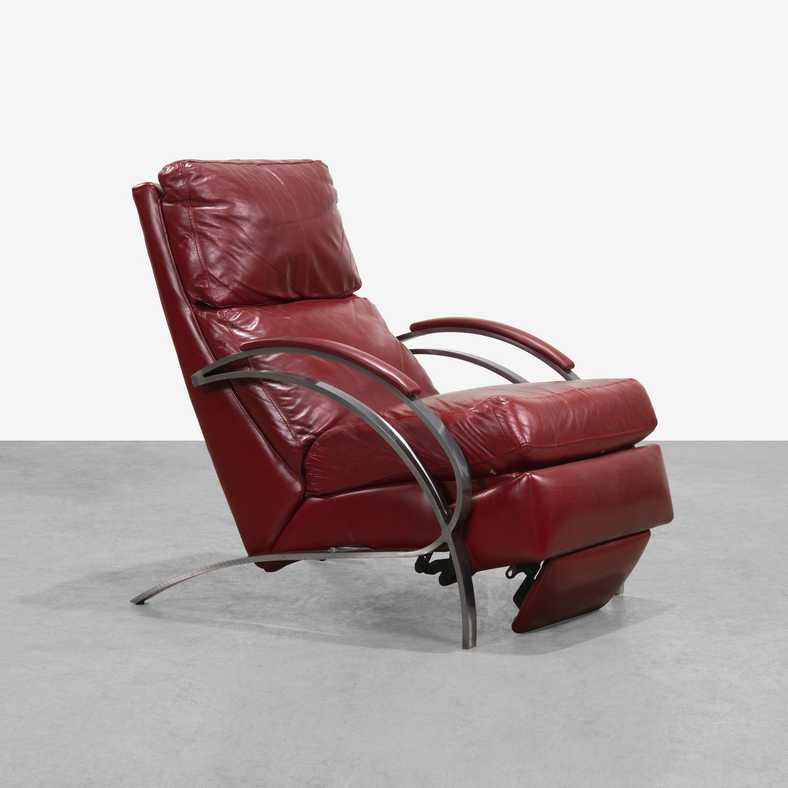 Comfort Design - Lounge Chair: A leather and steel reclining lounge chair by Comfort Design. All measurements are in inches. Height x Width x Depth