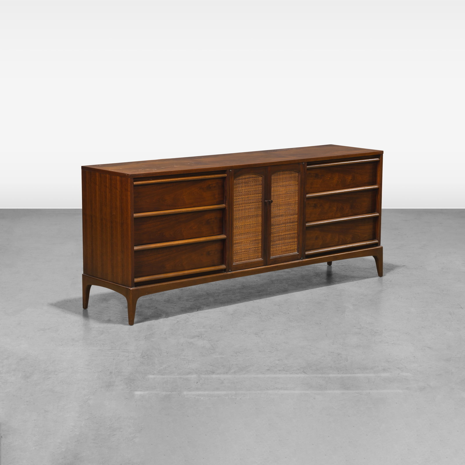 Lane - Dresser: A Lane walnut dresser. All measurements are in inches. Height x Width x Depth