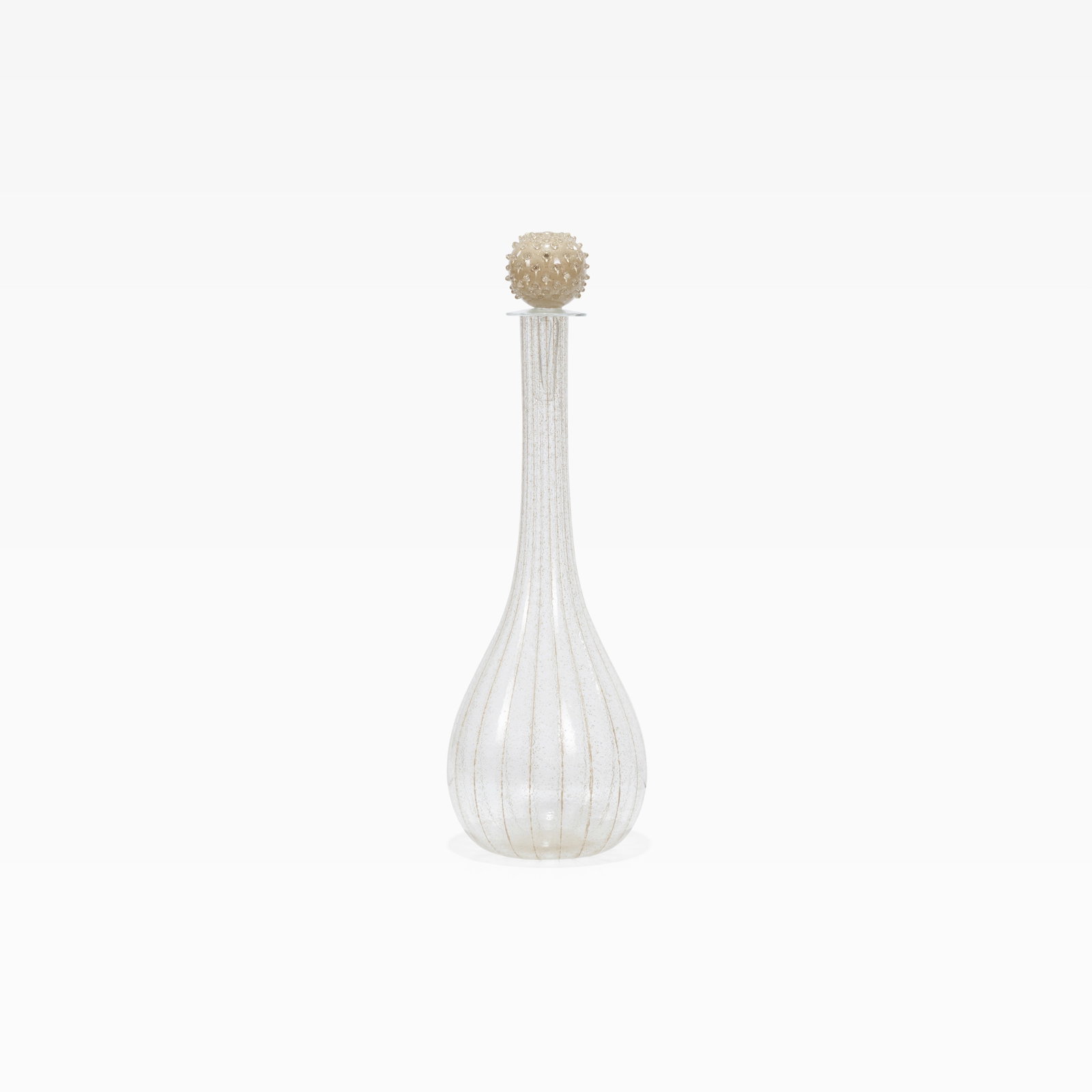 Murano Glass Decanter: A large Murano glass decanter. All measurements are in inches. Height x Width x Depth
