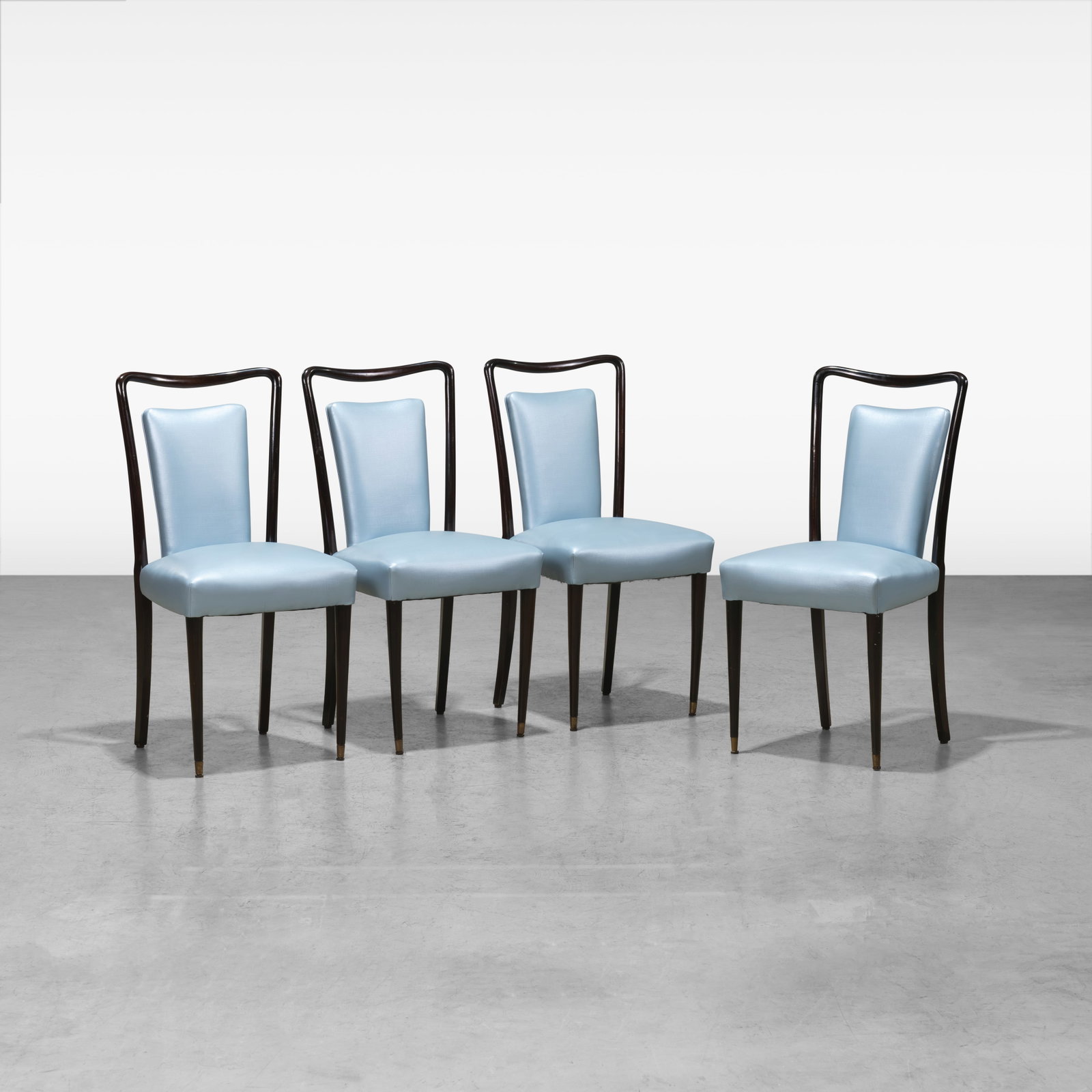 Melchiorre Bega - Dining Chairs: A set of four dining chairs by Melchiorre Bega in Pierre Frey vinyl upholstery. All measurements are in inches. Height x Width x Depth