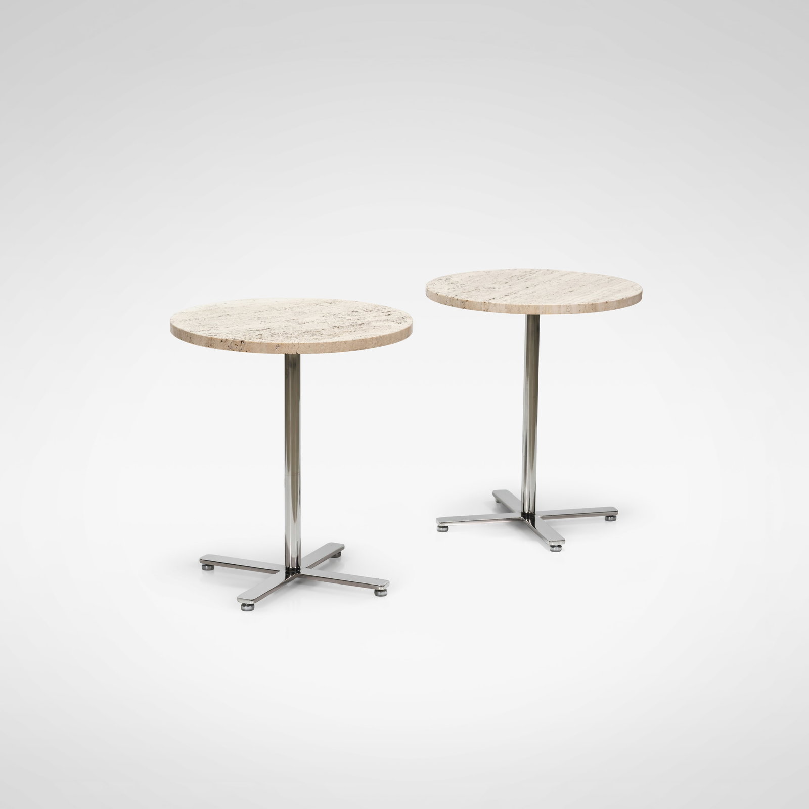 Travertine Occasional Tables: A pair of stainless steel and travertine occasional tables by Helikon. All measurements are in inches. Height x Width x Depth