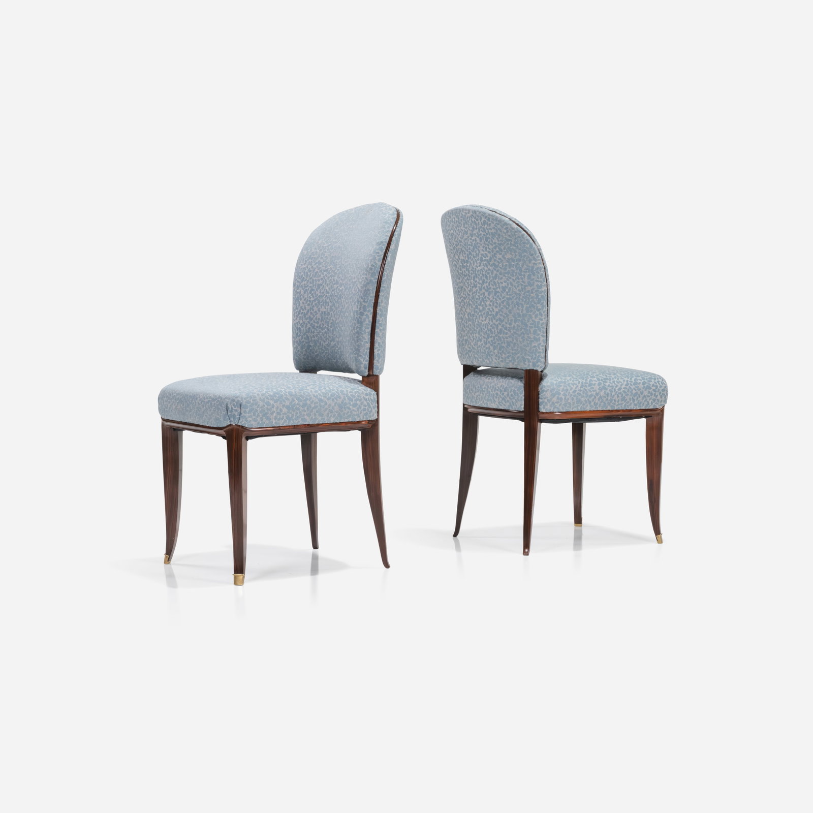 Jacques-Emile Ruhlmann - Listel Chairs: A pair of rare rosewood 'Listel' chairs with gilt bronze sabots by Jacques-Emile Ruhlmann. Fully restored and reupholstered. Circa 1930's. All measurements are in inches. Height x Width x Depth