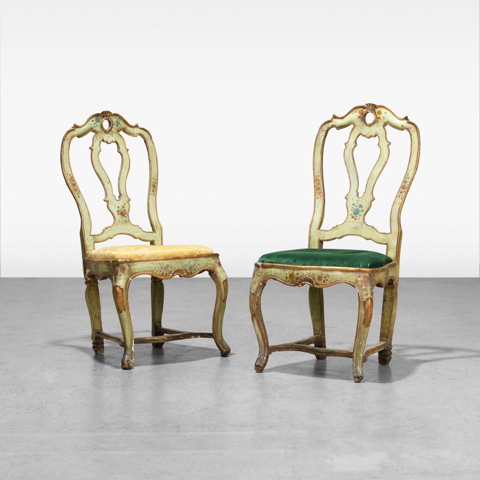 Antique Venetian Dining Chairs: A pair of antique painted Venetian dining chairs. All measurements are in inches. Height x Width x Depth