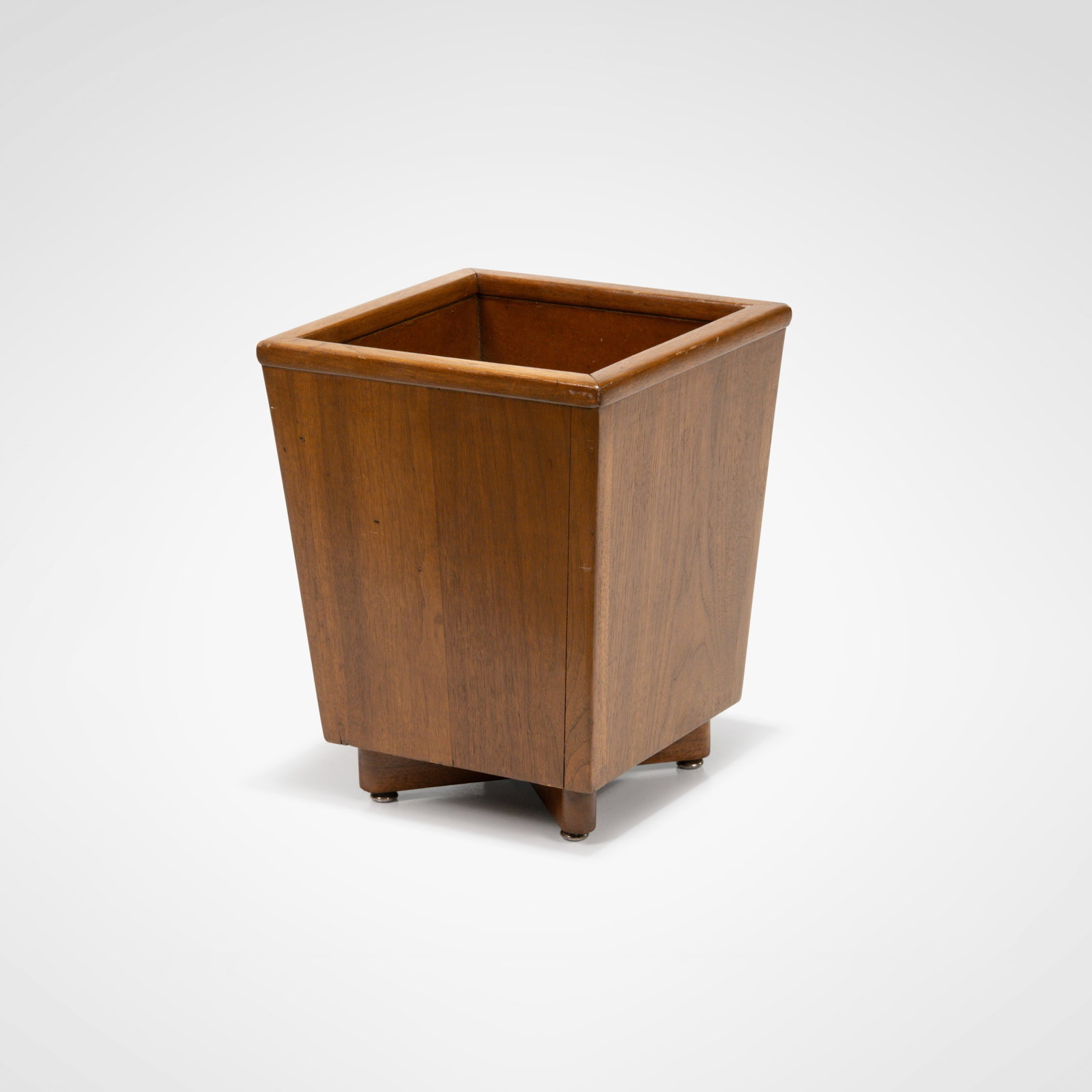 Vintage Walnut Wastebasket: A vintage walnut waste paper basket. All measurements are in inches. Height x Width x Depth