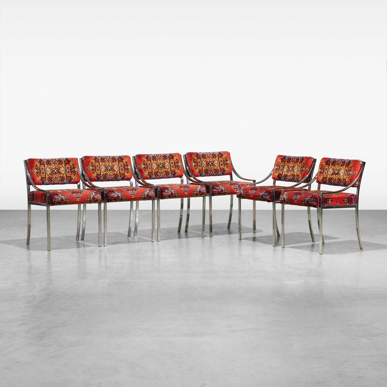Chrome Dining Chairs: A set of six vintage chrome dining chairs with Turkish carpet style upholstery. All measurements are in inches. Height x Width x Depth