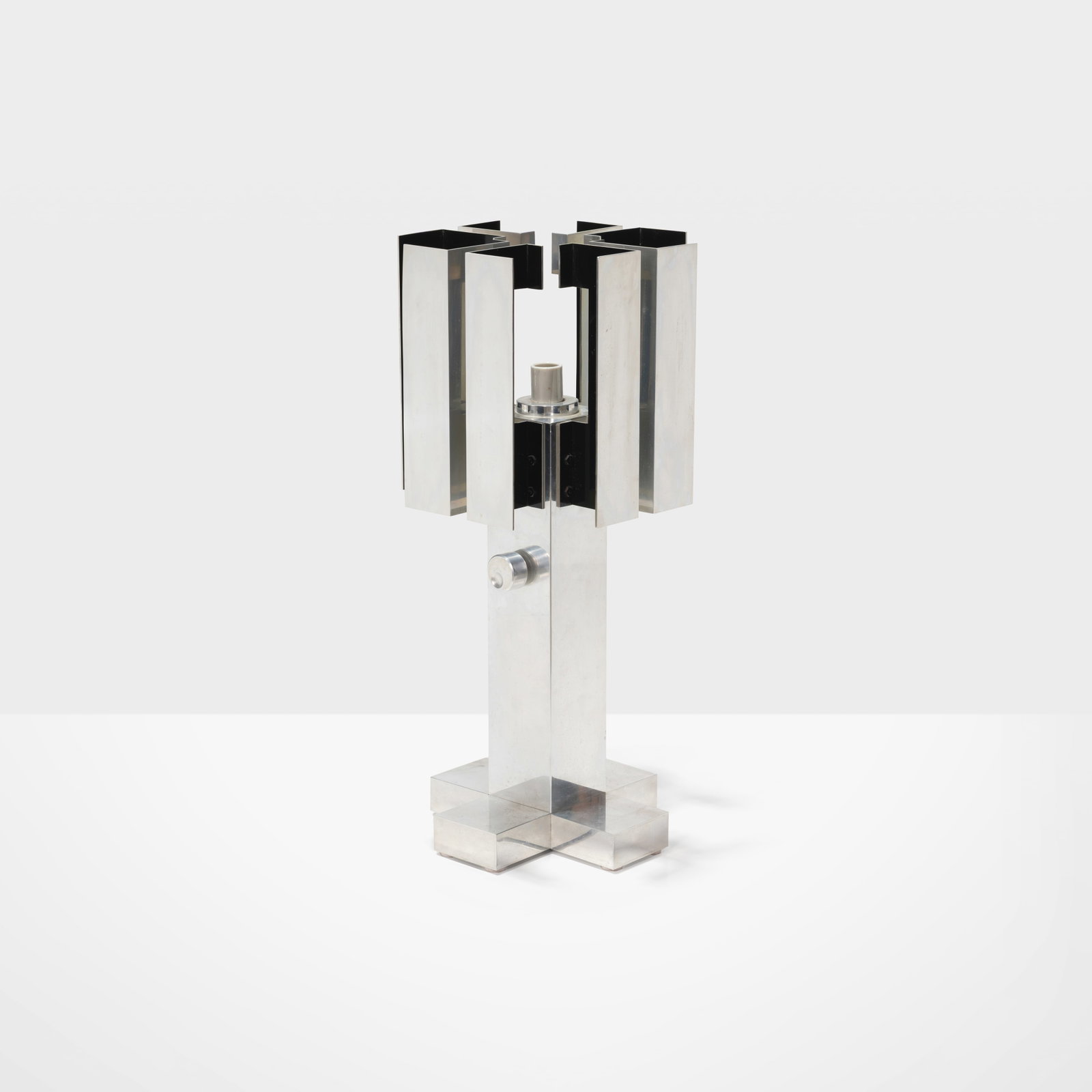 Stainless Table Lamp: A stainless steel table lamp in the manner of Willy Rizzo. All measurements are in inches. Height x Width x Depth