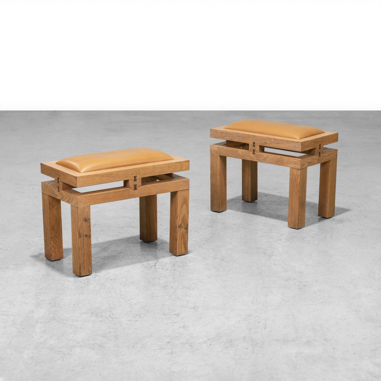 Custom Oak & Leather Stools: A pair of custom made oak and leather stools. All measurements are in inches. Height x Width x Depth
