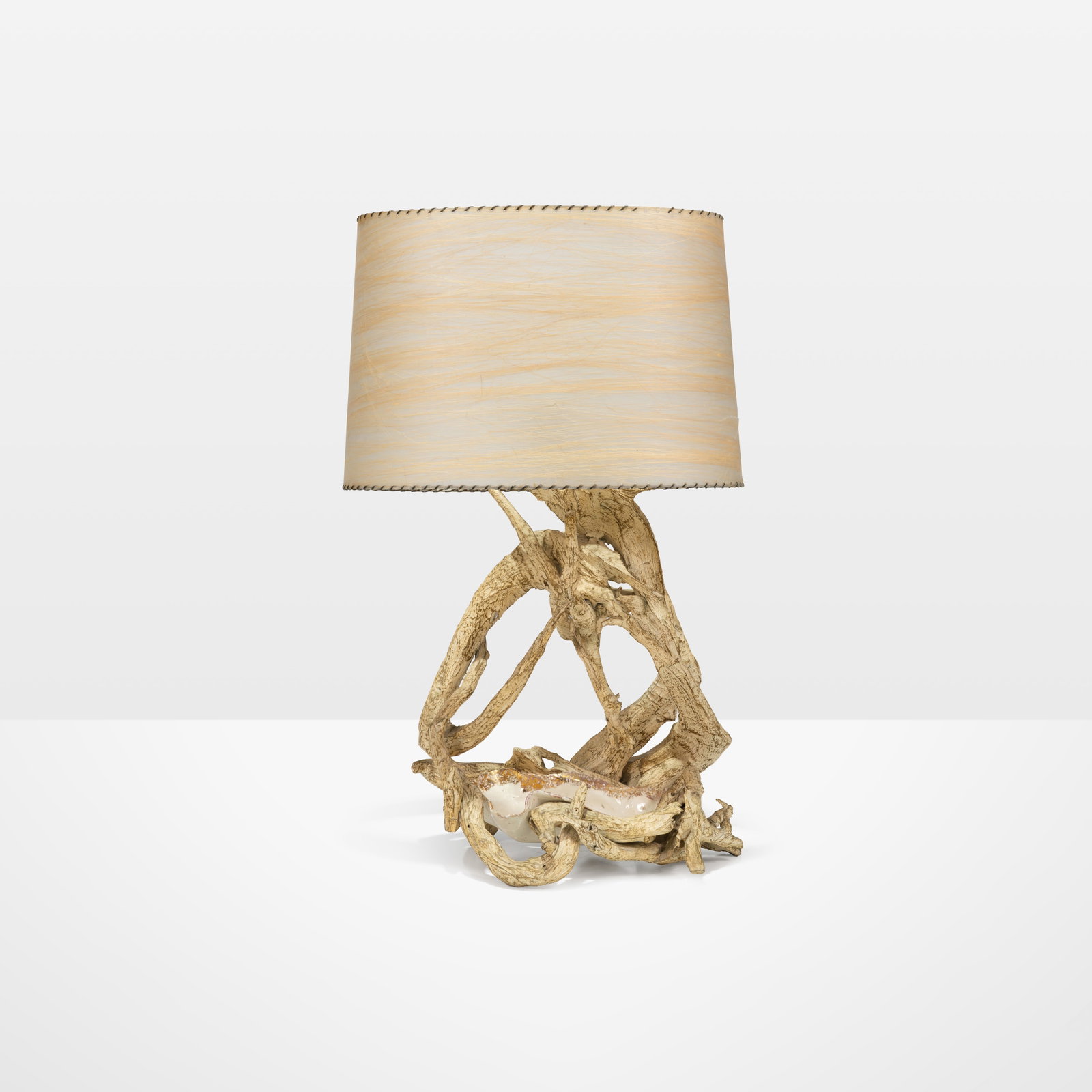 Driftwood Lamp: A vintage driftwood lamp with inset ceramic tray. Dimensions listed are for the body. All measurements are in inches. Height x Width x Depth
