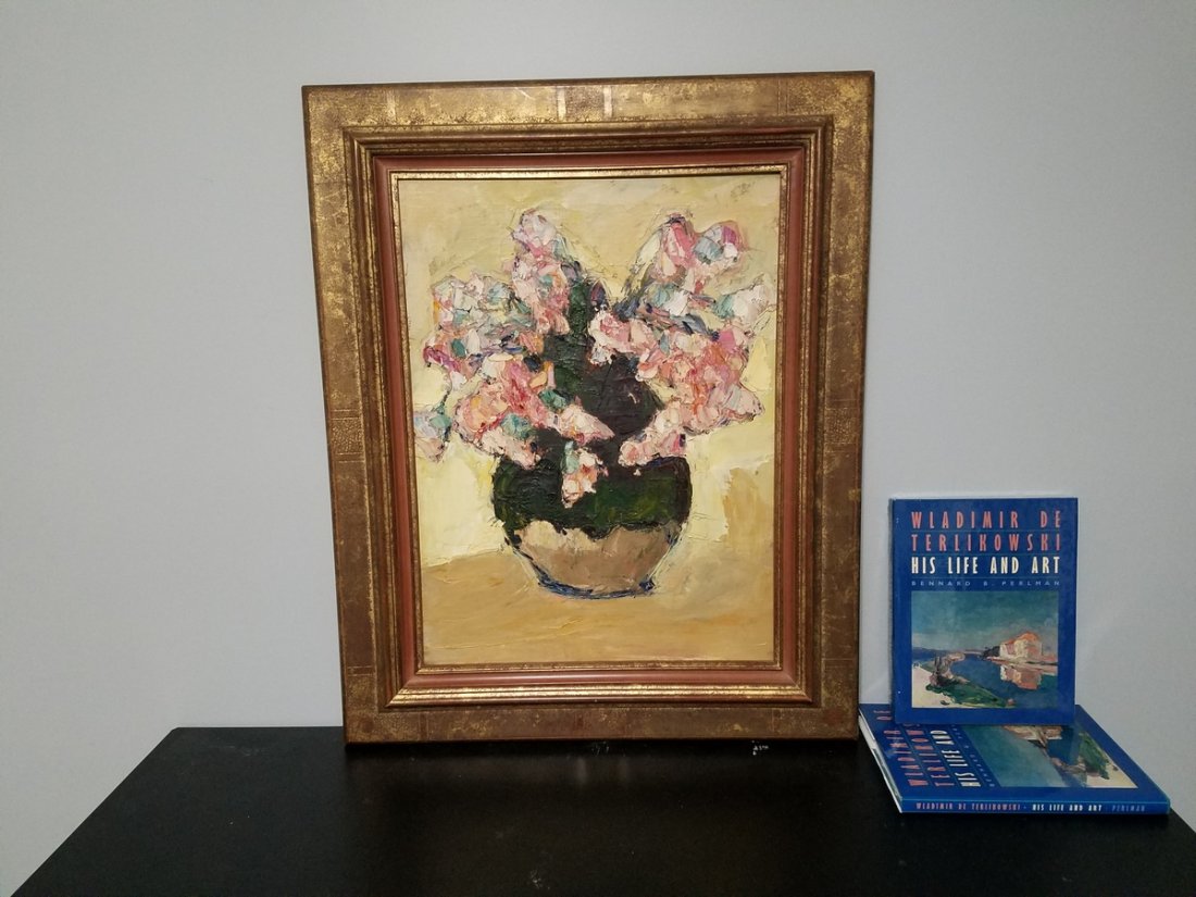 Pink & White Flowers in Green Vase, Wladimir: "Pink & White Flowers in Green Vase", Wladimir Terlikowski (1873 - 1951) Large still life of a pink and white floral arrangement in a green vase. 61cm x 46cm oil on canvas framed as shown. Included wi