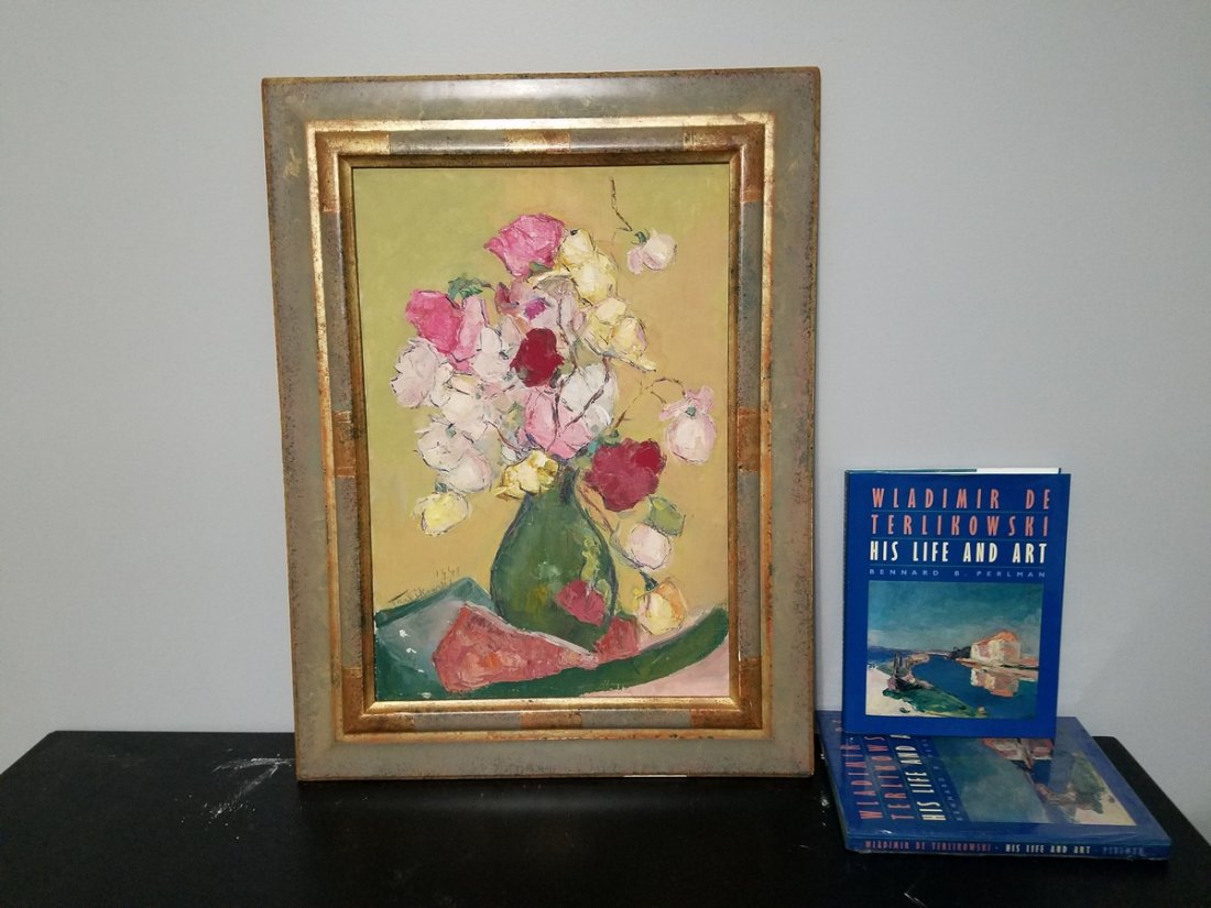 Pink & White Roses in Green Vase, Wladimir Terlikowski: "Pink & White Roses in Green Vase", Wladimir Terlikowski (1873 - 1951) Beautiful still life of pink and white roses in a green vase 55cm x 38cm oil on canvas framed as shown. Included with the sale ar