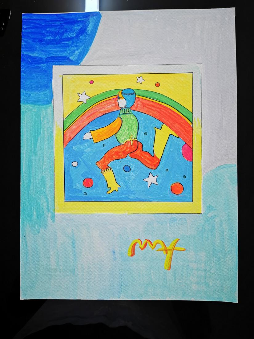 Watercolor Peter Max: 11.6"x15,8" Watercolor on paper whit sign and seals ( Man in moon )