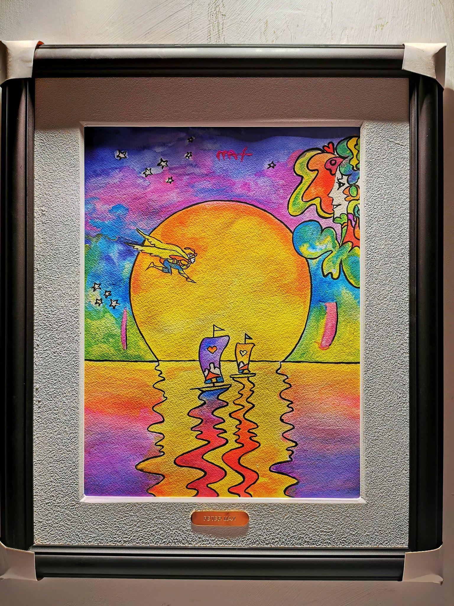 Fine Watercolor signed Peter Max: Measures : Framed: 12.5"x8" inches. aprox.
