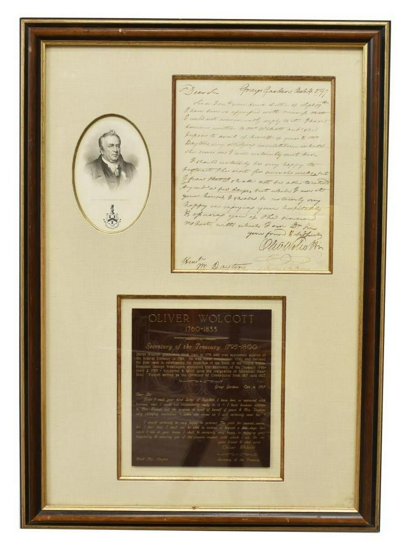 OLIVER WOLCOTT JR. (1760-1833) AUTOGRAPHED LETTER (1 of 3)