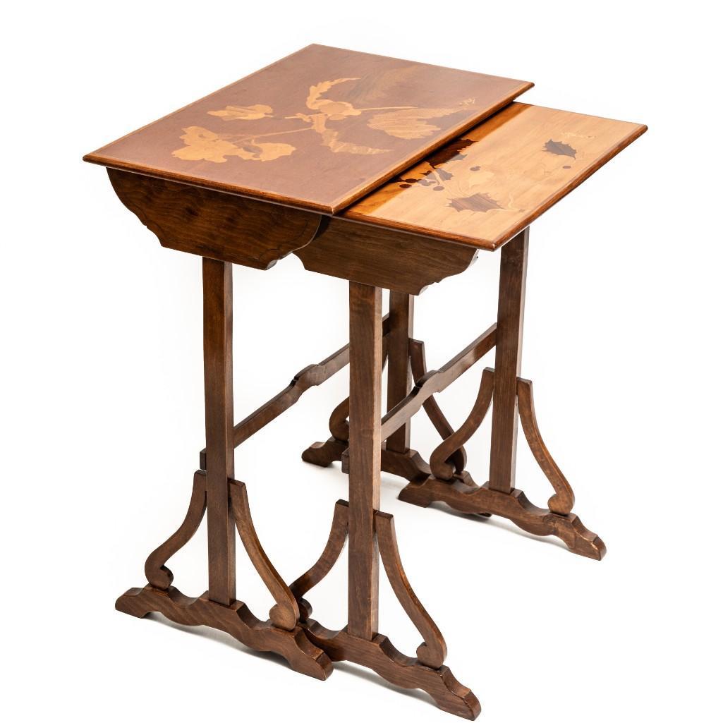Emile Galle Early 20th Century Art Nouveau Signed: Emile Galle Art Nouveau Signed Fruitwood Nesting Tables. French designer Emile Galle is considered to be one of the driving forces behind the Art Nouveau movement. His artwork lives on in almost every