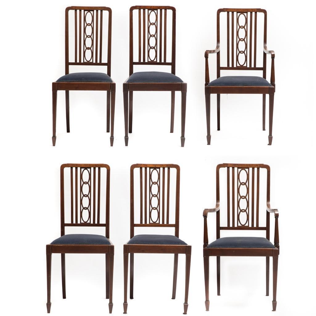 20th Century Set of 6 Art Nouveau Burled Inlaid Chairs: Art nouveau vienna secession designed burled and Inlaid Chair set with blue seat cushions. Arm Chairs 42"h x 21"W x 18.5"D. Seat Height is 18.5"H Side Chairs 39"H x 17.5"W x 16"D. Seat Height 18.5"HSo