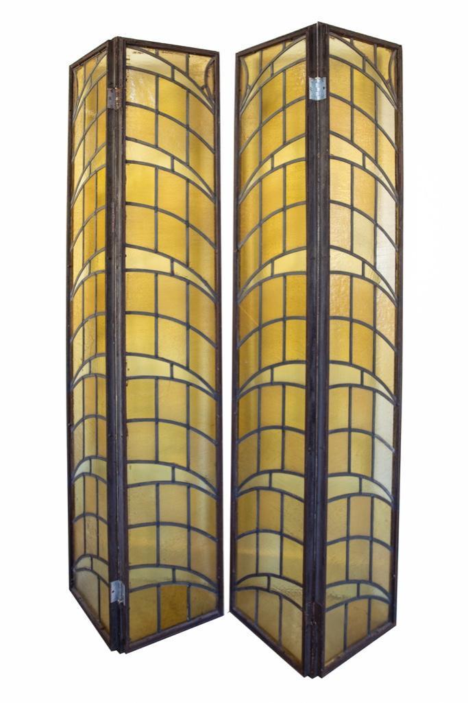 Art Deco Early 20th Century Leaded Glas Screen: Art Deco 1930's 4 Fold French Art Deco Leaded Glass Room divider. consisting of 4 golden hued leaded glass panels in steel framework. 76"H x 14"W for each panel