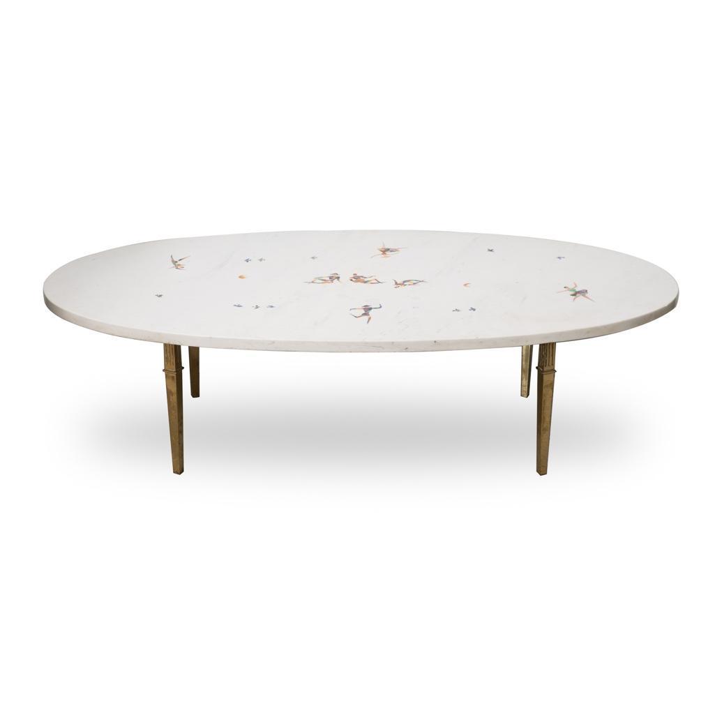 Mid Century Modern Giuseppe Fiaschi & Figlio Pietra: Mid Century Modern Giuseppe Fiaschi & Figlio pietra dura harlequin table.This table is labeled below on the marble, and also lists every stone used in the making of the table, including malachite,