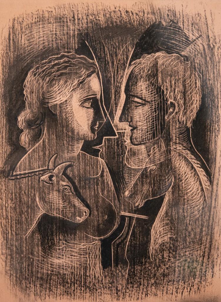 Original Konrad Cramer Sgrafitto Circa 1935: Original Konrad Cramer Sgrafitto Circa 1935. Authentication by Aileen Cramer on verso. Konrad Cramer is often credited as being in important link between German and American modernism in art, and his