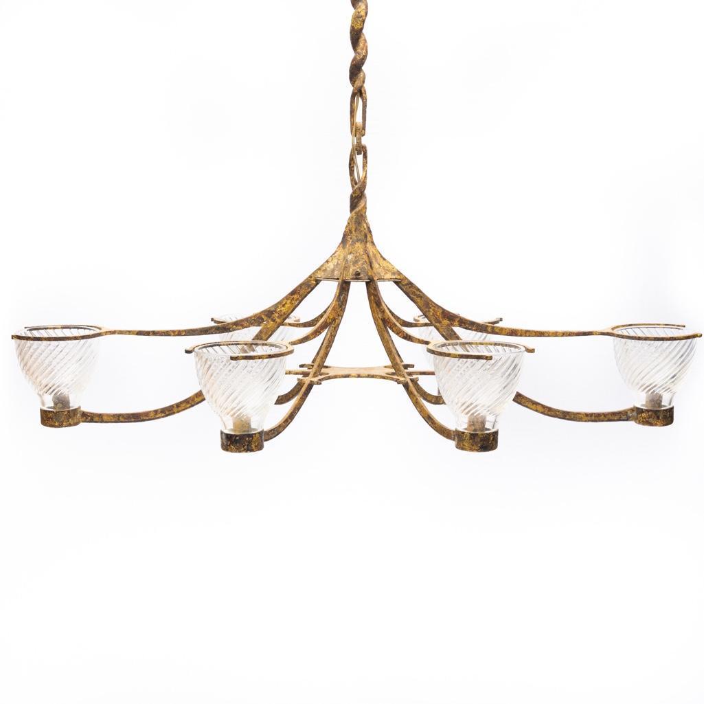 Mid Century 20th Century Barney Zeitz Brutalist: Brutalist chandelier by Barney Zeitz. This Electric Chandelier is constructed with steel, bronze and glass. The shapes are cut from milled steel and a gas line is brazed on to hide the wiring. The cha