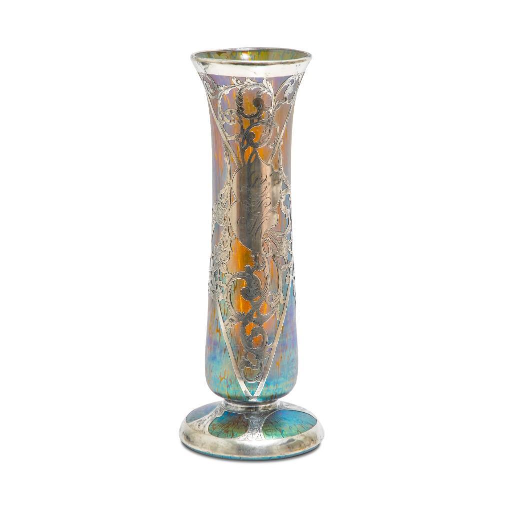 art nouveau Loetz art glass vase silver overlay: Loetz Glass art nouveau vase. Iridescent blue/gold glass with foliate designed sterling silver overly circa 1900 12.25" x 4.5"H