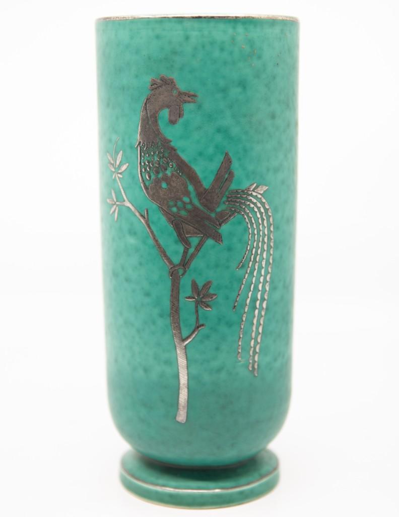 Gustavsberg Argenta Silver Overlay Vase, circa 1930s: Large Gustavsberg kage signed argenta Vase with silver outlay of a rooster. circa 1935. The Argenta designs at Gustavsberg date to the 1930â€™s and were created under the direction of Wilhelm Kag