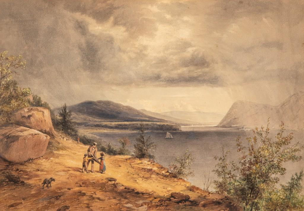 John William Hill signed Watercolor of hudson river: John William Hill signed Watercolor of hudson river narrows by storm king and west point: 20"x 14" in a frame: 27.5"x 21.5". Painter and printmaker. Along with his father and son, also artists, he did