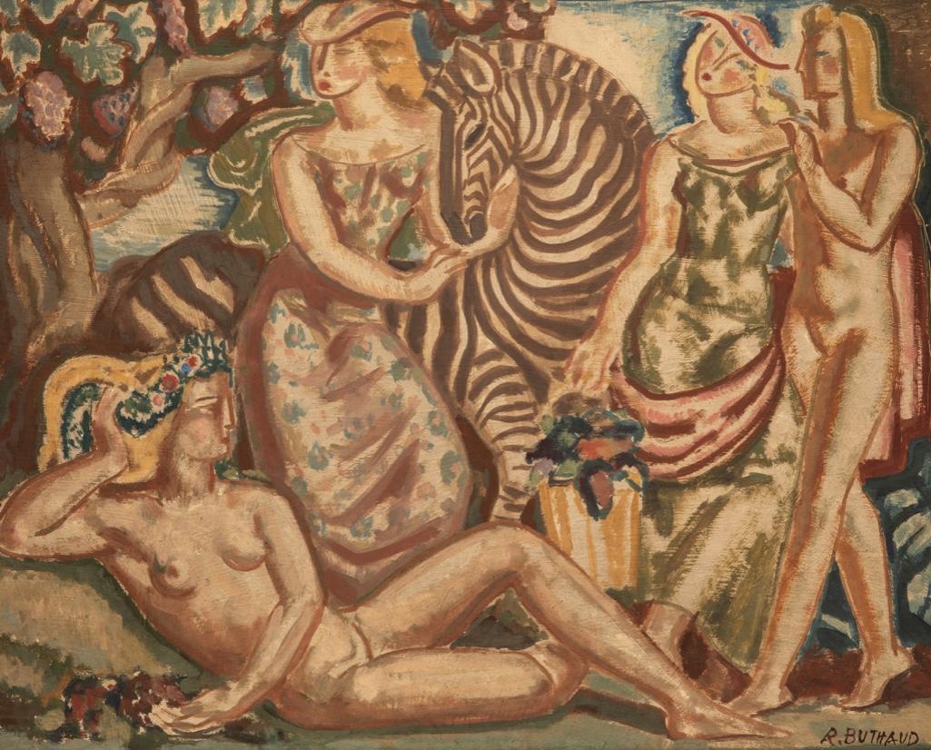 "The lost" Rene Buthaud oil painting of Pomona: Rene Buthaud painting on panel, "Pomona " with female attendants and zebra, apparently this is the "lost work"(now found), the inspiration for the Tabard commission of the aubusson tapestry for Paris